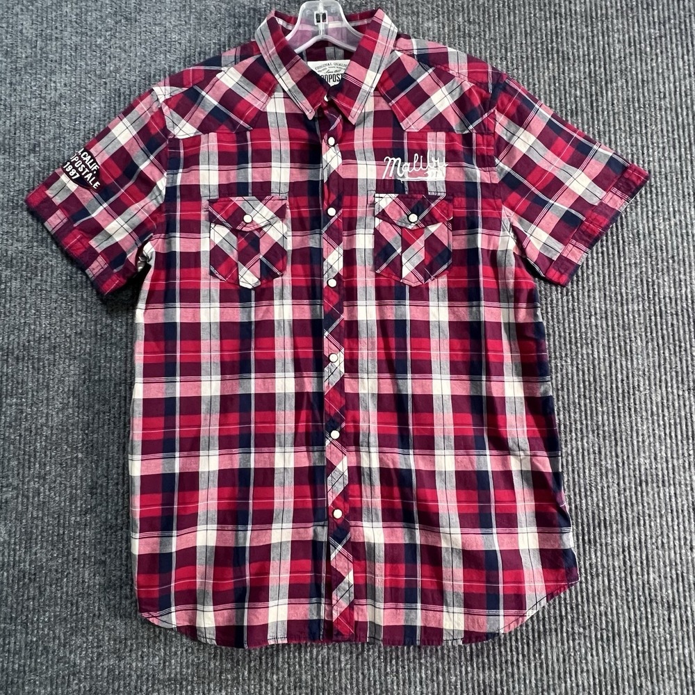 Aeropostale Mens Large Pearl Snap Western Short Sleeve Red Plaid Shirt